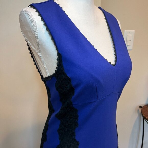 Rebecca Taylor Royal Blue with Black Lace Trim Sleeveless Midi Dress, Size 2 - Picture 5 of 15